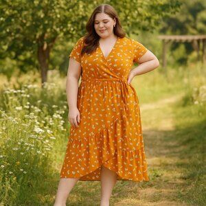 Old Navy Fit and Flare Floral Faux Wrap Midi Dress | Size L